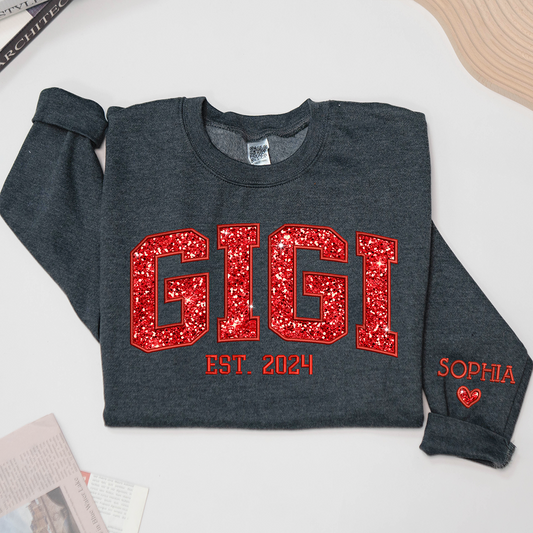 Lofaris Gigi Glitter Red Embroidered Custom Name Sweatshirt