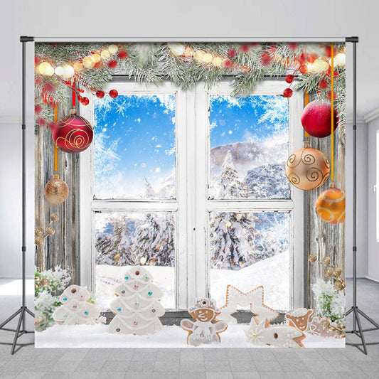 Lofaris Gingerbread Pine Leaves Window Christmas Backdrop