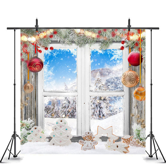 Lofaris Gingerbread Pine Leaves Window Christmas Backdrop