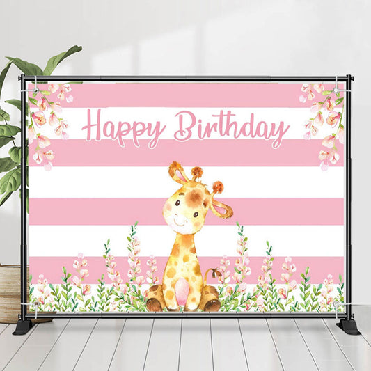 Lofaris Giraffe Floral Pink White Stripes Birthday Backdrop