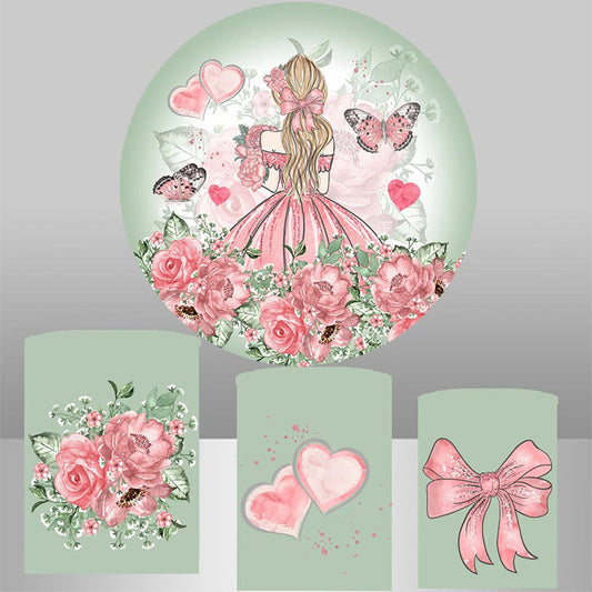 Lofaris Girl Pink Dress Floral Butterfly Round Backdrop Kit