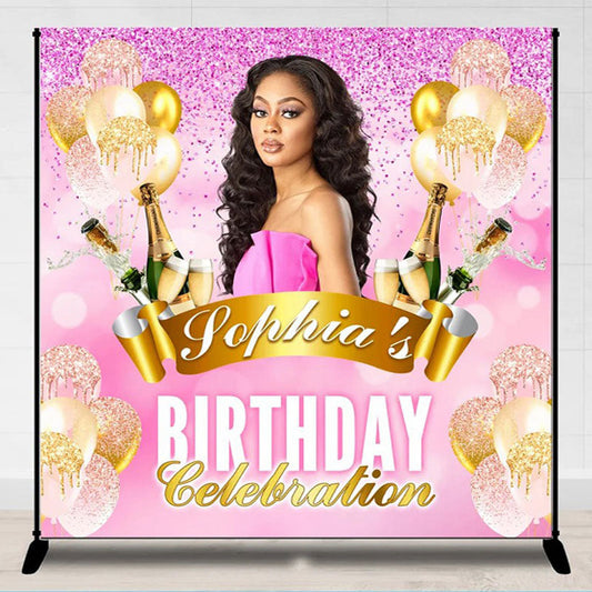 Lofaris Glitter Balloon Pink Custom Photo Birthday Backdrop