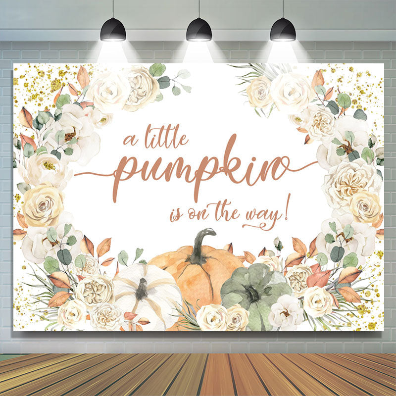 Lofaris Glitter Beige Floral Punpkin Baby Shower Backdrop