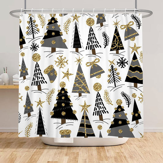Lofaris Glitter Black Golden Tree Christmas Shower Curtain