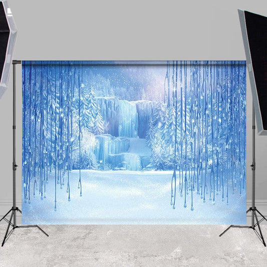 Lofaris Glitter Blue Iced Trees Wonderland Winter Backdrop