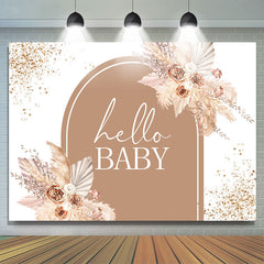 Lofaris Glitter Floral Brown Hello Baby Shower Party Backdrop