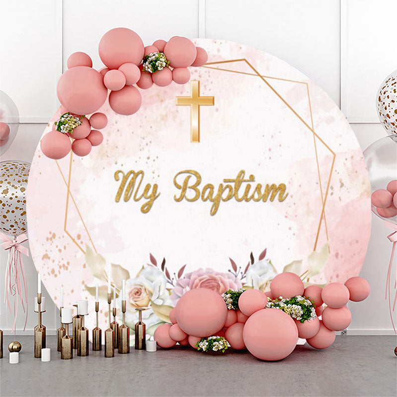 Lofaris Glitter Floral Cross My Baptism Round Backdrop Cover