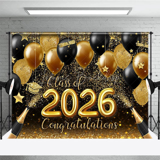 Lofaris Glitter Gold Black Balloon Bokeh Graduation Backdrop