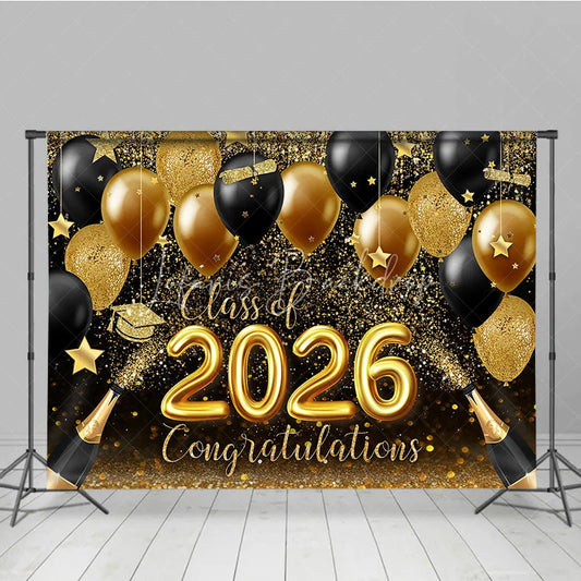 Lofaris Glitter Gold Black Balloon Bokeh Graduation Backdrop