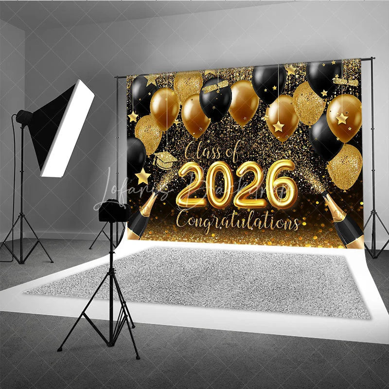 Lofaris Glitter Gold Black Balloon Bokeh Graduation Backdrop