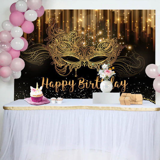 Lofaris Glitter Gold Black Masquerade Birthday Backdrop