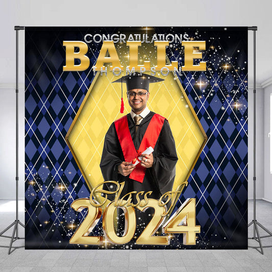Lofaris Glitter Gold Royal Blue Custom Photo Graduation Backdrop
