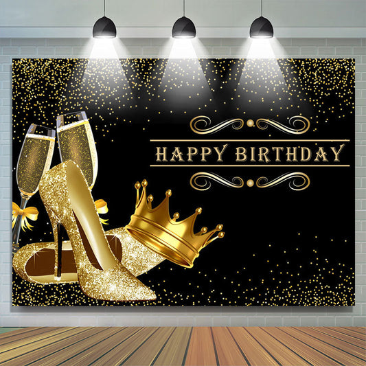 Lofaris Glitter Golden Heels Crown Black Birthday Backdrop