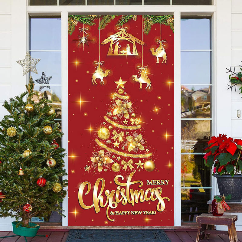 Lofaris Glitter Golden Xmas Tree Red Christmas Door Cover