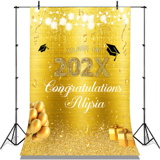 Lofaris Glitter Golden Yellow Balloons Graduation Backdrop
