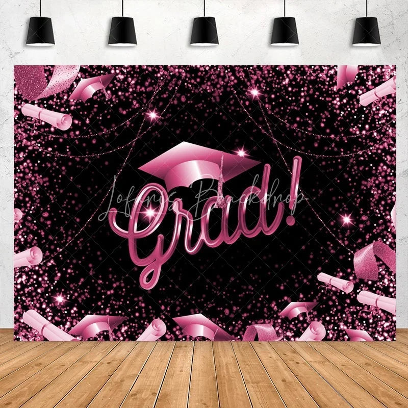 Lofaris Glitter Hot Pink And Black Happy Graduation Backdrop