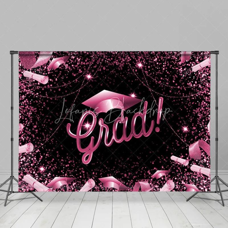 Lofaris Glitter Hot Pink And Black Happy Graduation Backdrop