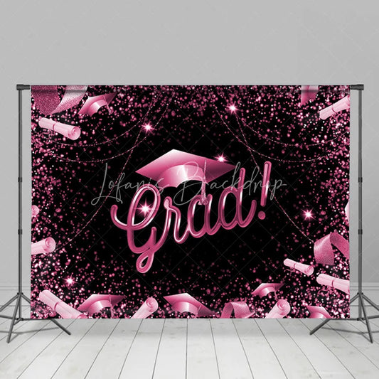 Lofaris Glitter Hot Pink And Black Happy Graduation Backdrop