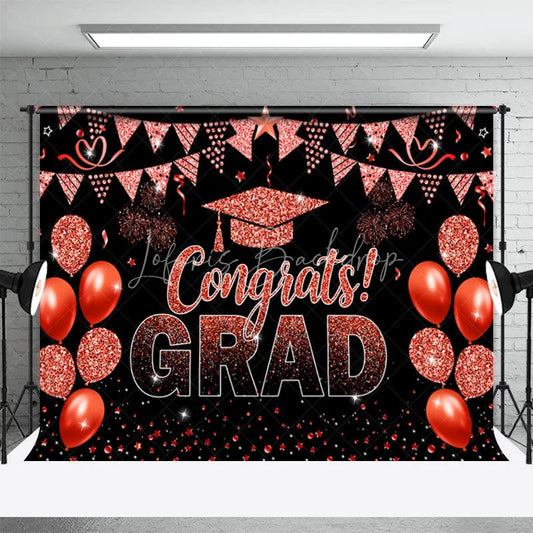 Lofaris Glitter Red Balloons Flag Black Graduation Backdrop
