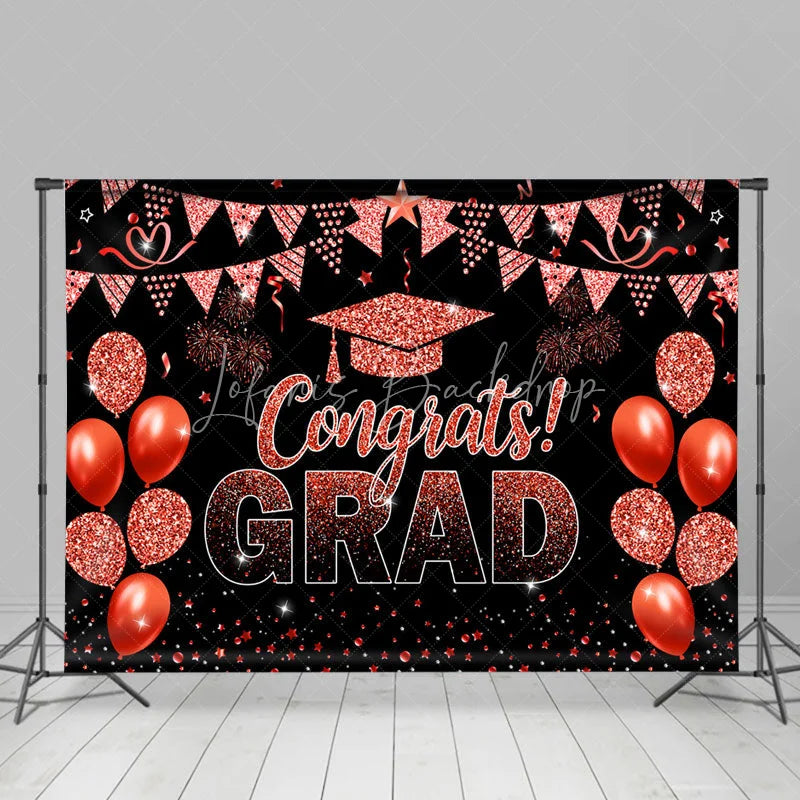 Lofaris Glitter Red Balloons Flag Black Graduation Backdrop