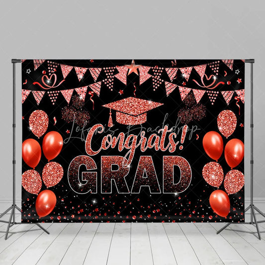 Lofaris Glitter Red Balloons Flag Black Graduation Backdrop