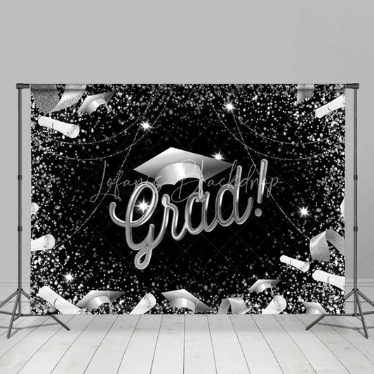 Lofaris Glitter Silver And Black Happy Graduation Backdrop