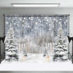 Lofaris Glitter Snowy Forest Pine Tree Fence Winter Backdrop