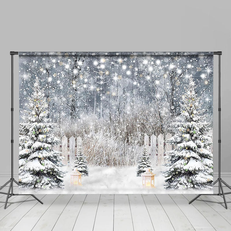 Glitter Snowy Forest Pine Tree Fence Winter Backdrop - Lofaris