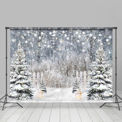 Lofaris Glitter Snowy Forest Pine Tree Fence Winter Backdrop