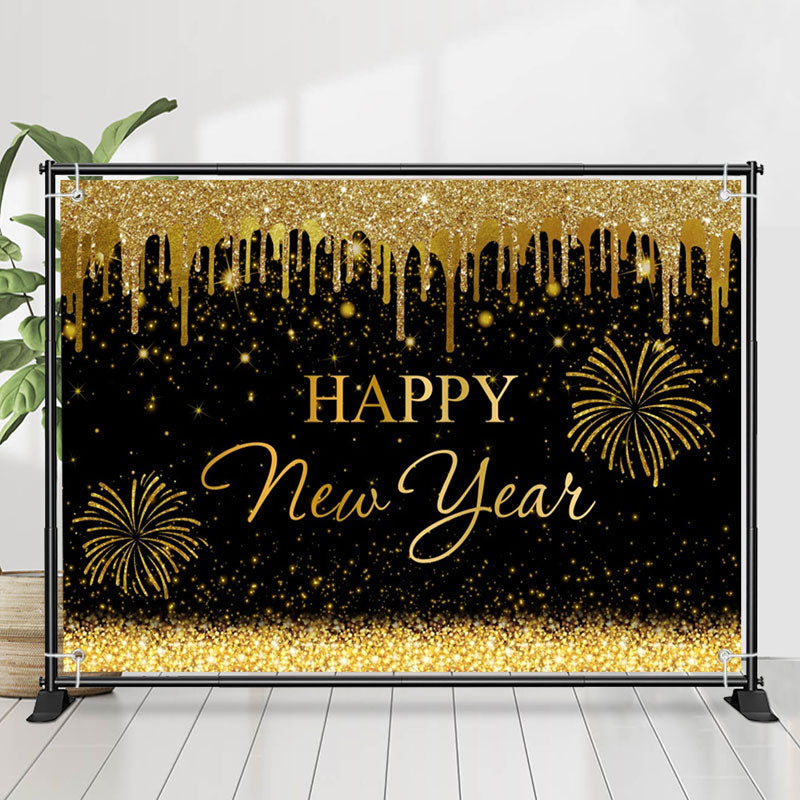 Lofaris Glitter Sparkle Gold Black Happy New Year Backdrop