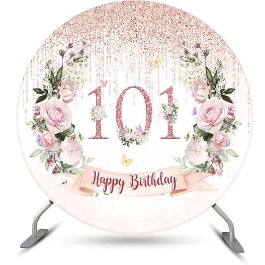 Lofaris Glitter Tassels Floral Round 101st Birthday Backdrop