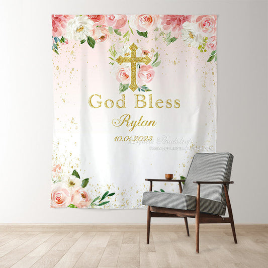Lofaris God Bless Pink Floral Gold Glitter Backdrop for Baptism