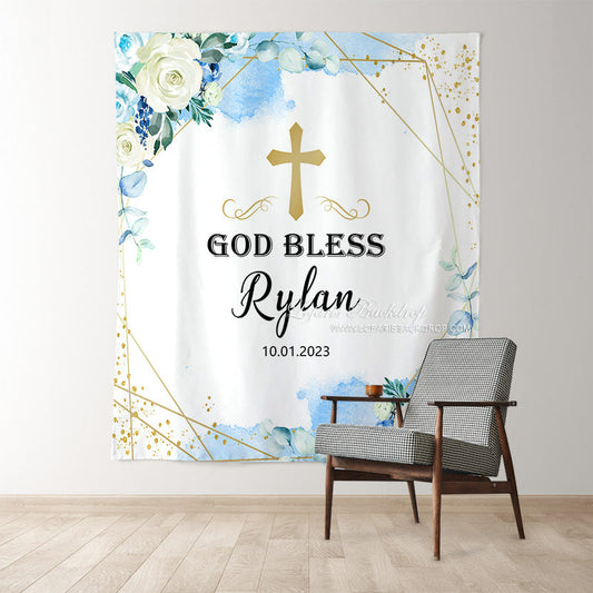 Lofaris God Bless White Rose Gold Glitter Baptism Backdrop