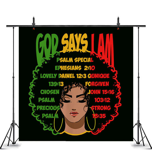 Lofaris God Says I Am Bible Afro Woman Black Party Backdrop