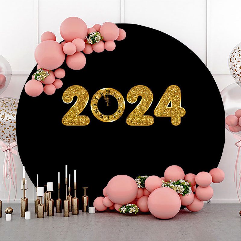 Lofaris Gold 2024 Black Theme Happy New Year Circle Backdrop