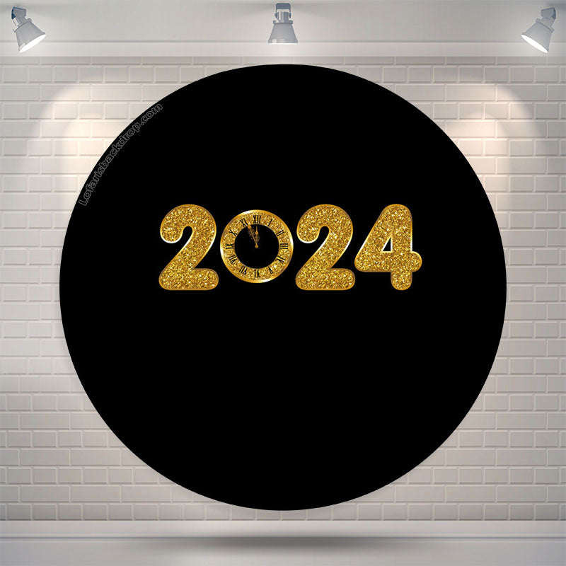 Lofaris Gold 2024 Black Theme Happy New Year Circle Backdrop