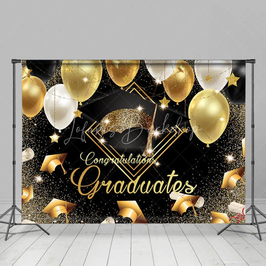 Lofaris Gold And Black Ballons Graduates Glitter Backdrops