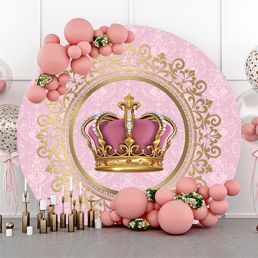 Lofaris Gold And Pink Crown Round Girls Birthday Backdrop Kit