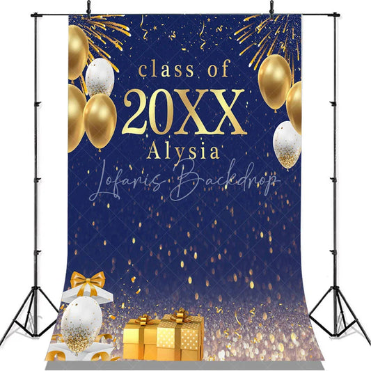 Lofaris Gold Ballons And Gifts Bokeh Blue Class Of 2022 Backdrop