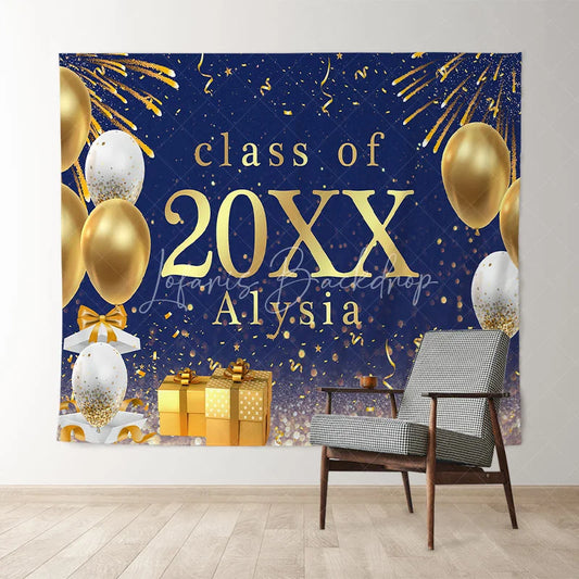 Lofaris Gold Ballons And Gifts Bokeh Blue Class Of 2022 Backdrop
