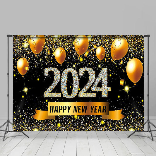 Lofaris Gold Balloons Glitter 2024 Happy New Year Backdrop