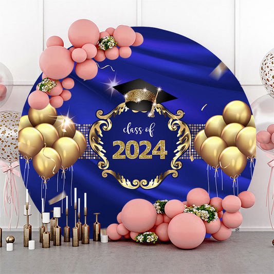 Lofaris Gold Balloons Navy Blue Class Of 2023 Round Backdrop