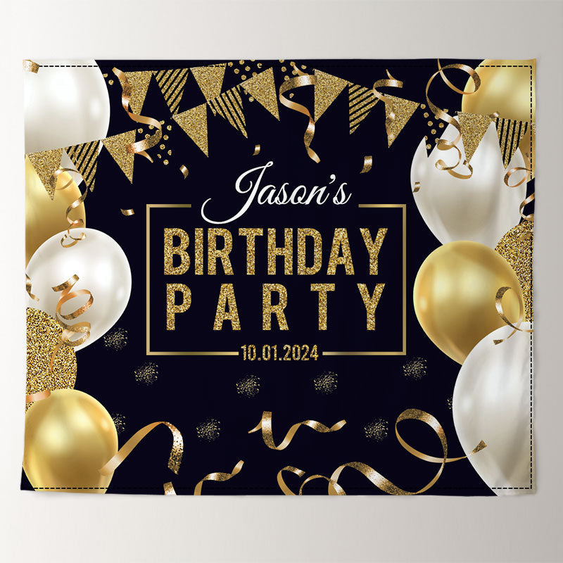 Golden Ribbon Backdrop Gold Balloons Ribbons Custom Birthday Party Backdrop - Lofaris