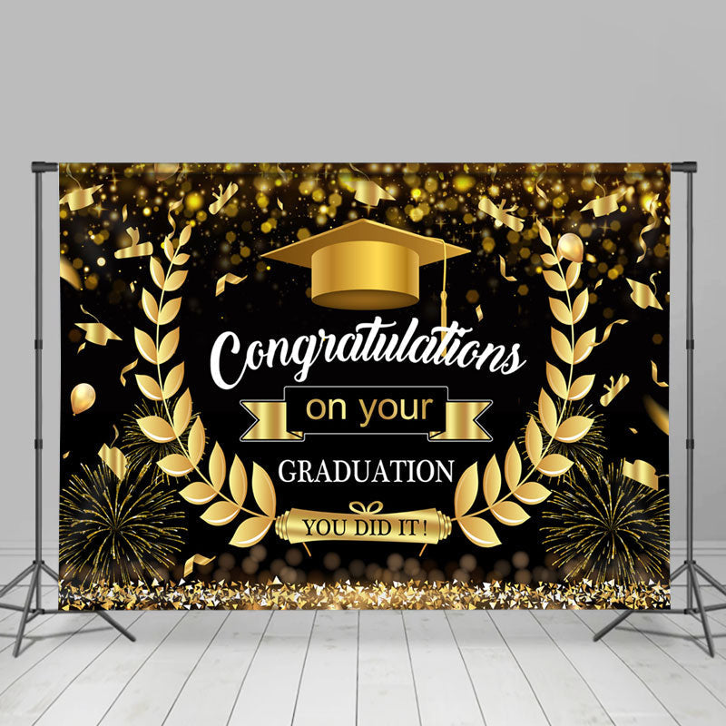 Gold Black Wheat Ear Congrats Graduation Party Backdrop - Lofaris