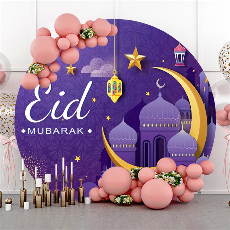 Lofaris Gold Crescent Purple Star Round Eid Mubarak Backdrop