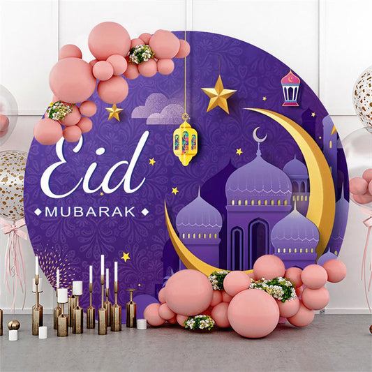 Lofaris Gold Crescent Purple Star Round Eid Mubarak Backdrop
