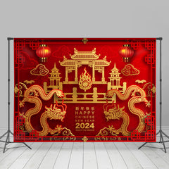 Lofaris Gold Dragon Building Red Lantern Happy New Year Backdrop