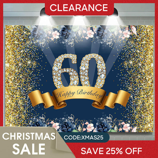 (Ship In 24HR) Gold Glitter And Flowers Happy 60th Birthday Backdrop