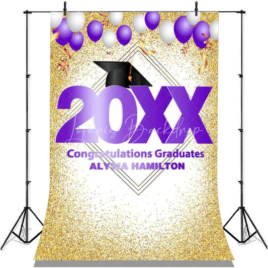 Lofaris Gold Glitter And Purple Ballons Congratulatios Backdrop