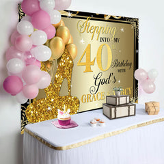 Lofaris Gold Glitter Heels Stepping into 40th Birthday Backdrop